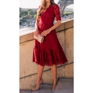 Gal Meets Glam Dress Stella Red Lace A-Line Midi Romantic Formal Event Statement
